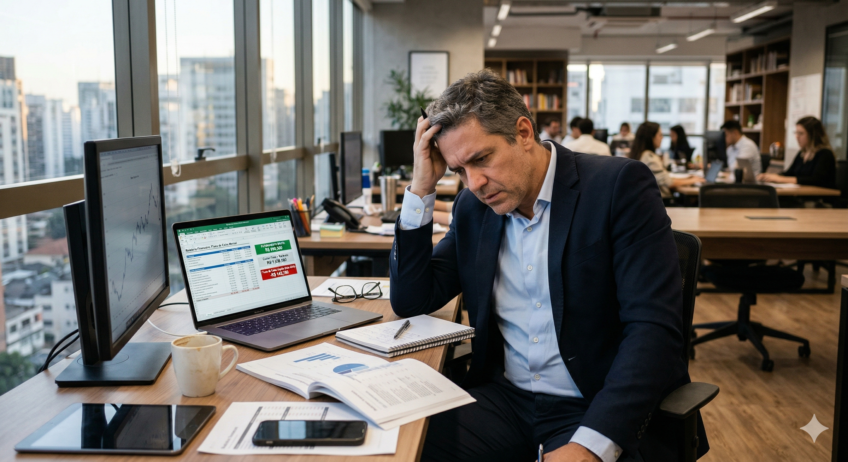 Empresário analisando fluxo de caixa negativo apesar do bom faturamento