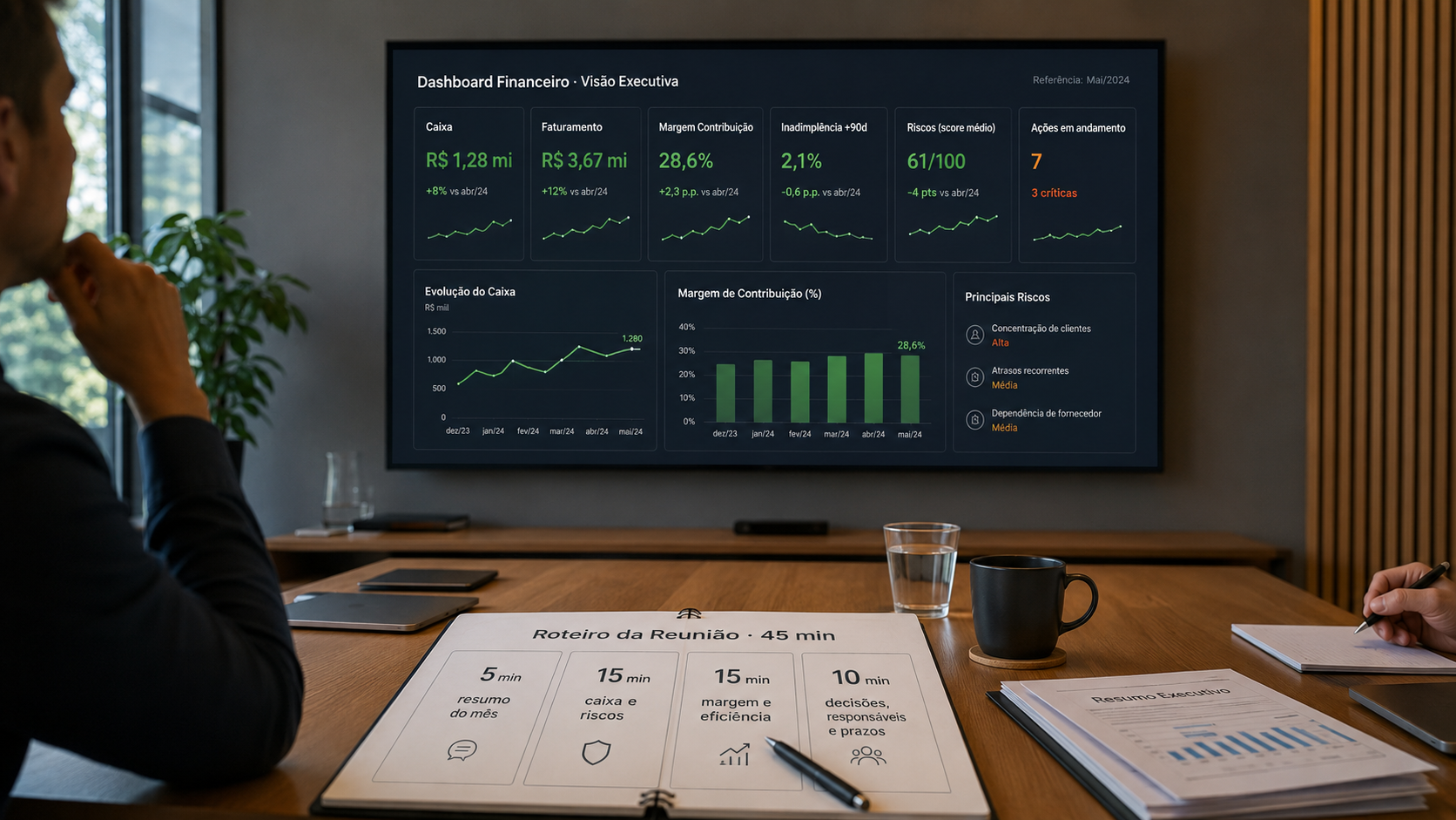 Reunião de gestão com pauta e tempo: dashboard para decidir, não para explicar planilha