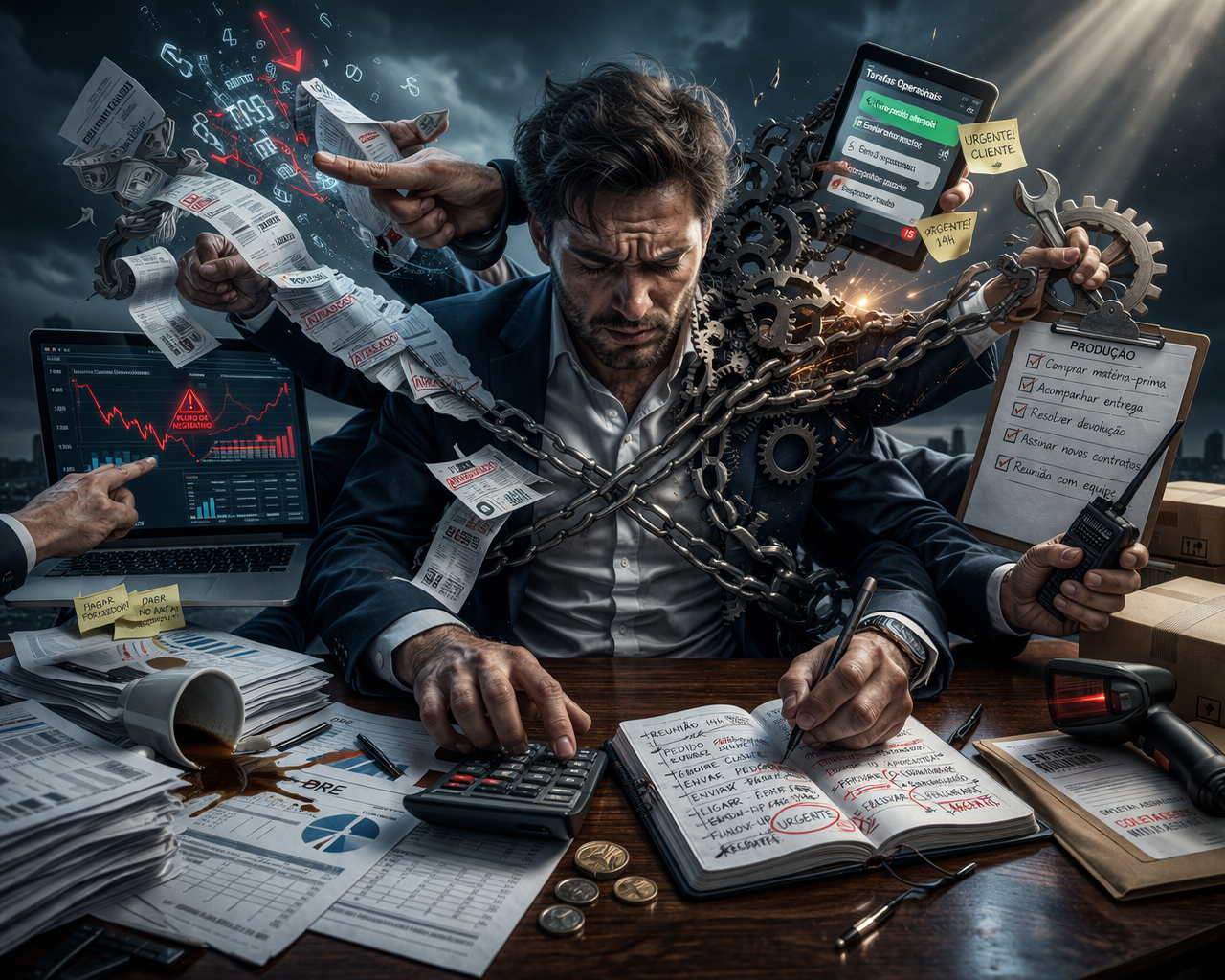 Empresário sobrecarregado acumulando funções financeiras e operacionais
