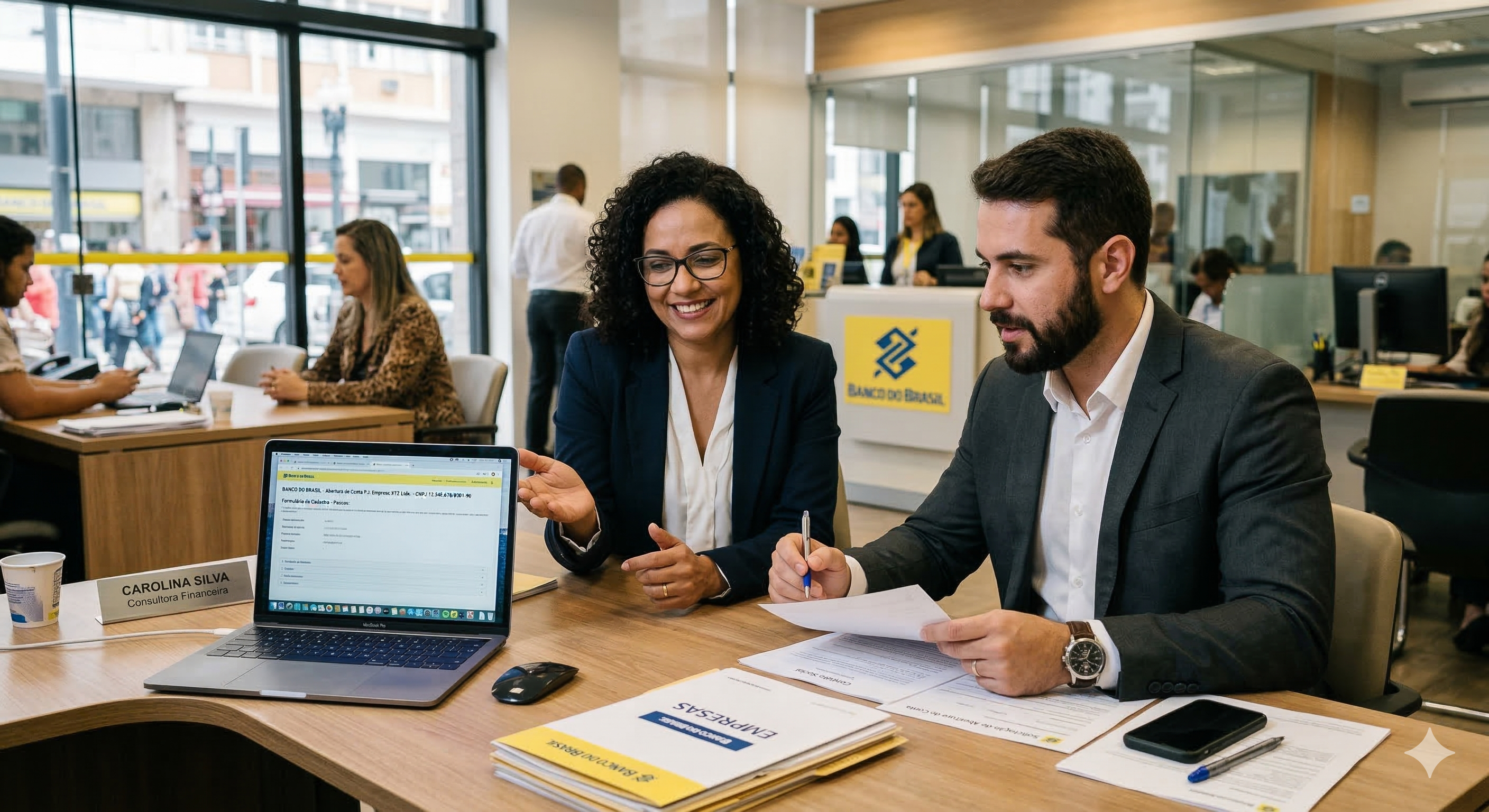 Especialista orientando empresário na abertura de conta PJ